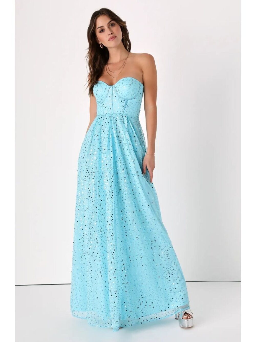 NWT Lulus Radiant Reflection Light Blue Sequin Tulle Strapless Maxi Dress Blue L